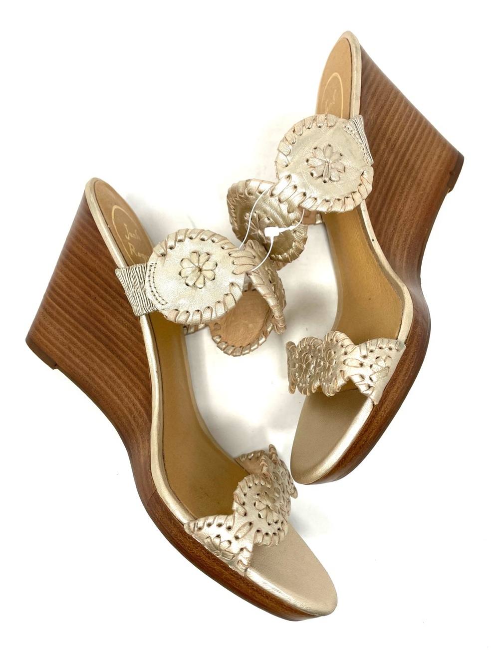 Jack Rogers Luccia Gold Leather Rondelle Wedge Heel Sandal, Women's Sz 9, $168